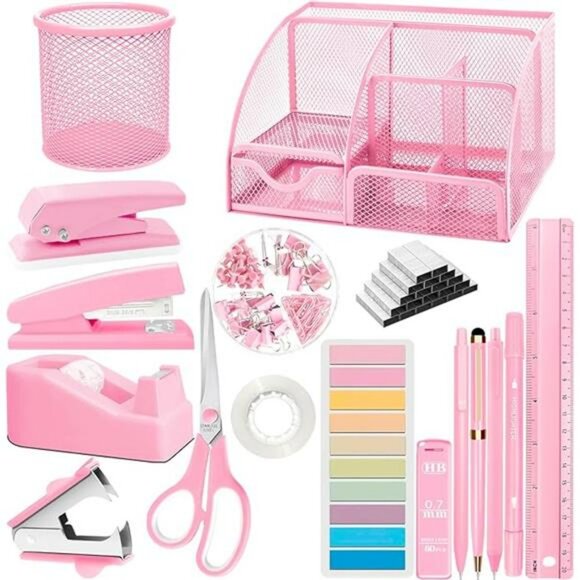 Pink desk accessories set 17 piece organizer stapler tape dispenser office suppl - Picture 7 of 7